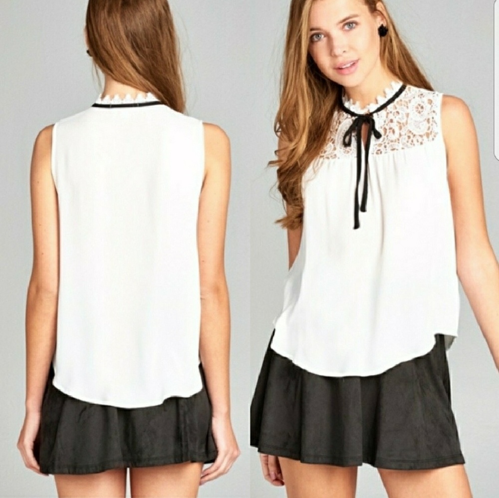 Girly White Sleeveless Lace Tie Top